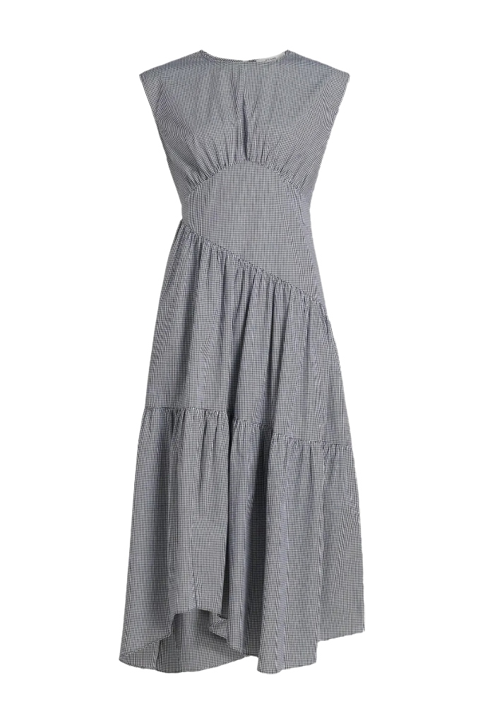 Check Gathered Cotton Midi-Dress