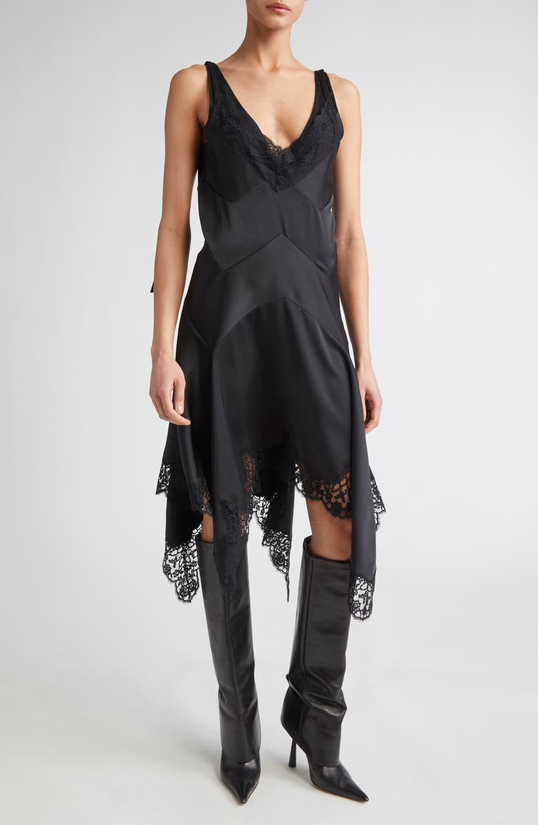Lace Trim Handkerchief Hem Satin Minidress
