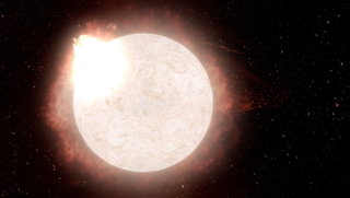 An artist’s rendition of a red supergiant star transitioning into a Type II supernova, emitting a violent eruption of radiation and gas on its dying breath before collapsing and exploding.
