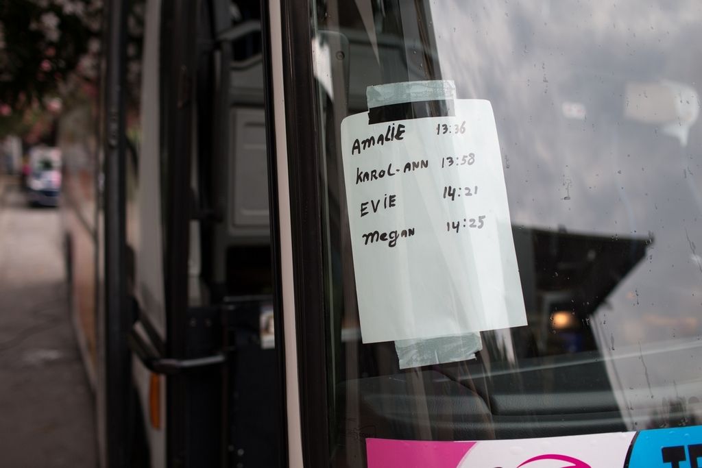 The Boels-Dolmans team bus with the start times of its riders