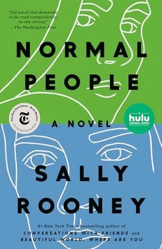 Normal People book cover with a green and blue color blocking with the outline of a man and woman's face