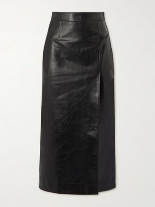 Wrap-Effect Chain-Embellished Paneled Leather Midi Skirt