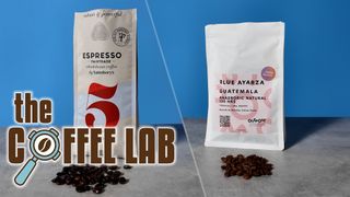 the coffee lab image with two bags of coffee beans, once cheap, one expensive