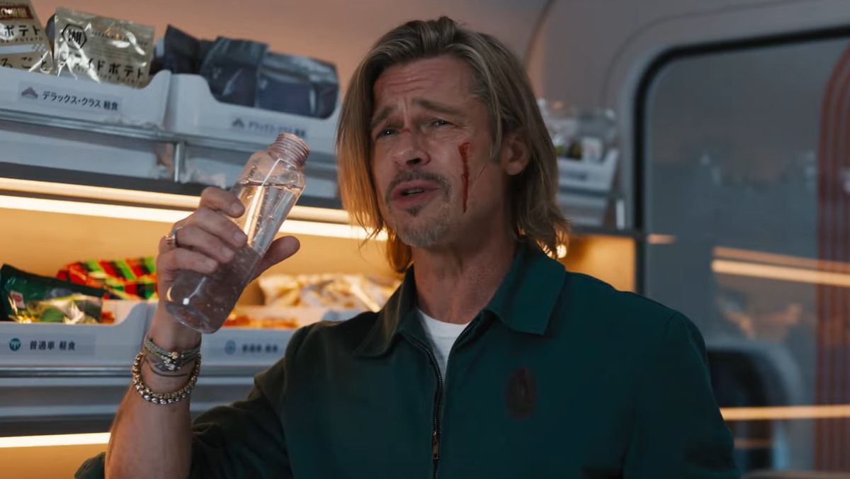 Brad Pitt drinking water in Bullet Train