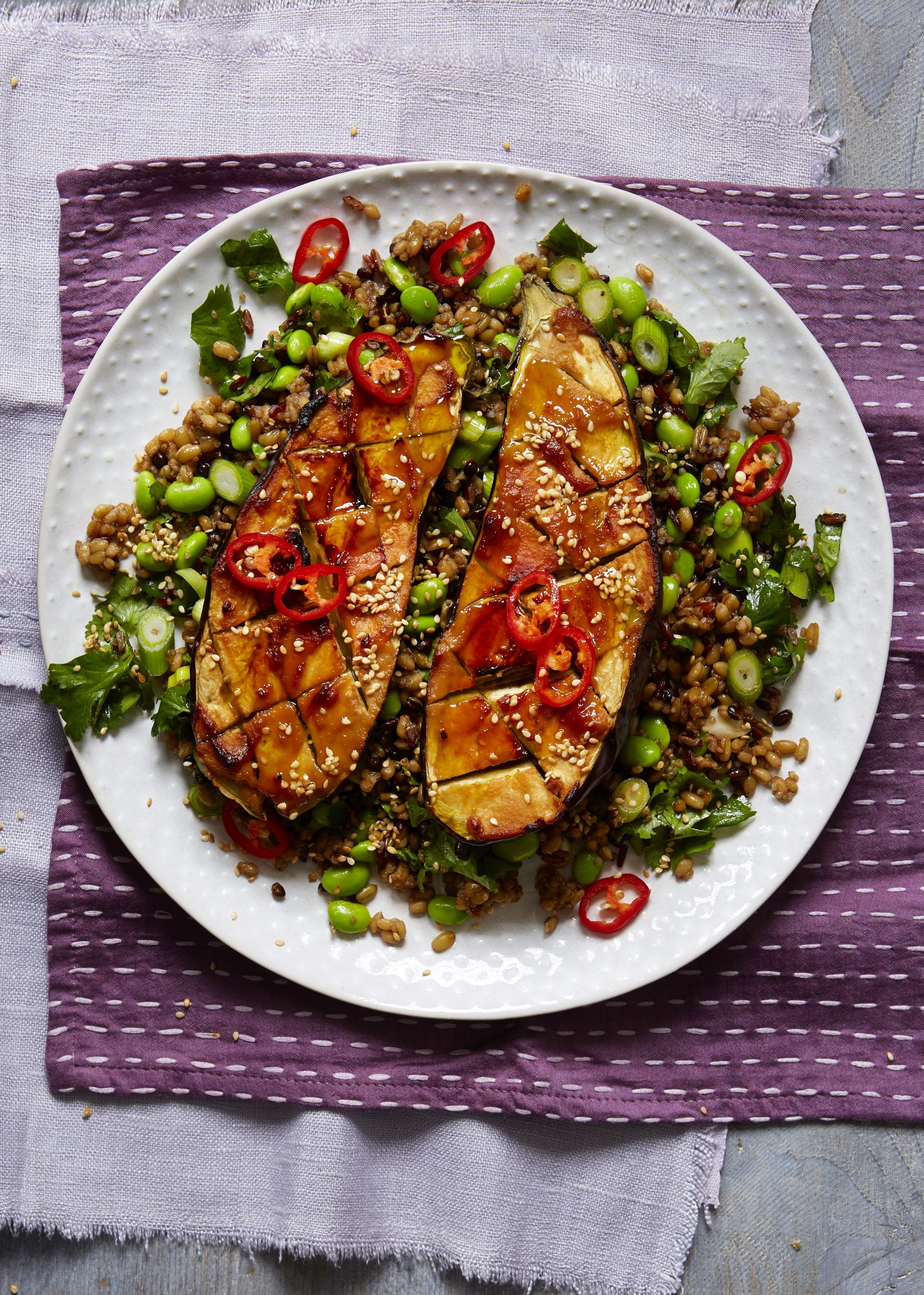 Miso aubergine with grain salad recipe