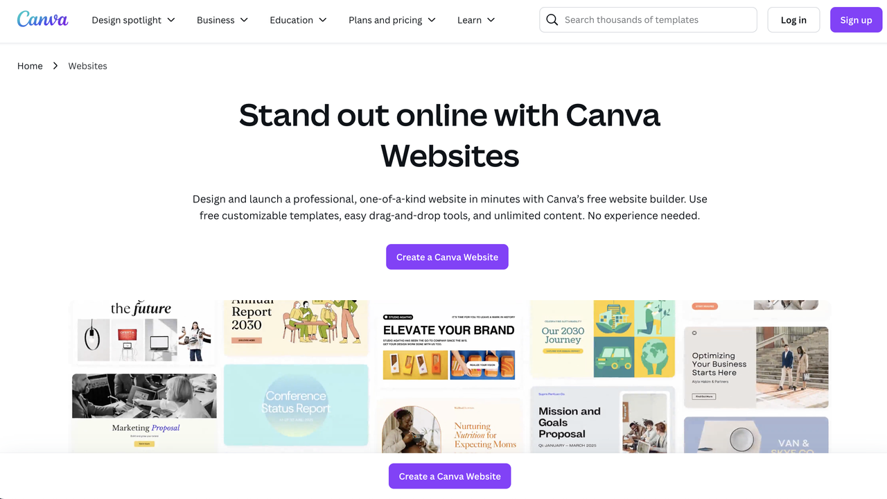 Screenshots of setup process in Canva Websites