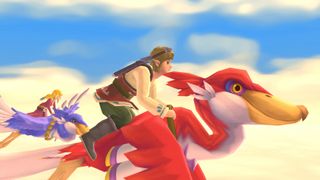 The Legend of Zelda Skyward Sword: Link and Zelda flying through the sky on separate birds