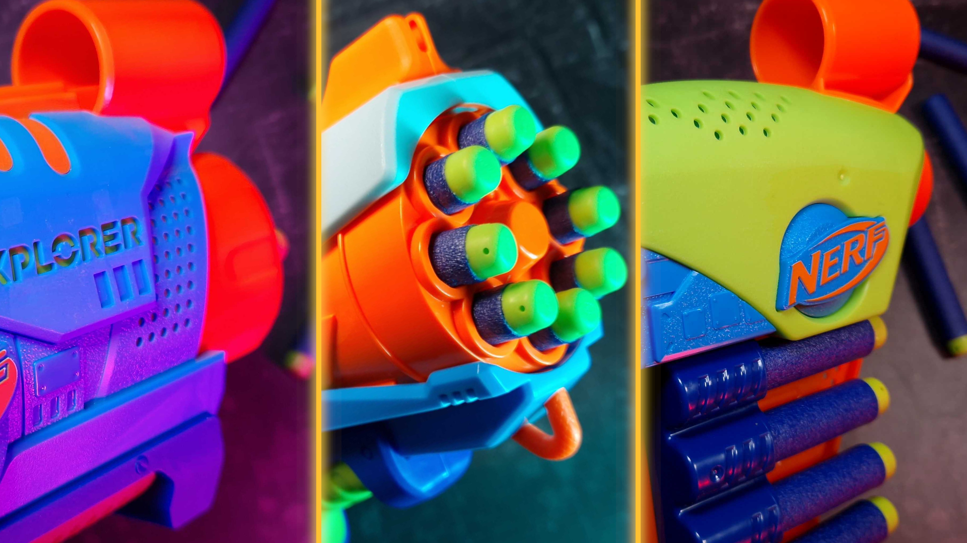 The Explorer, Rambler, and Flyer Nerf Elite Jr. blasters laid out alongside each other