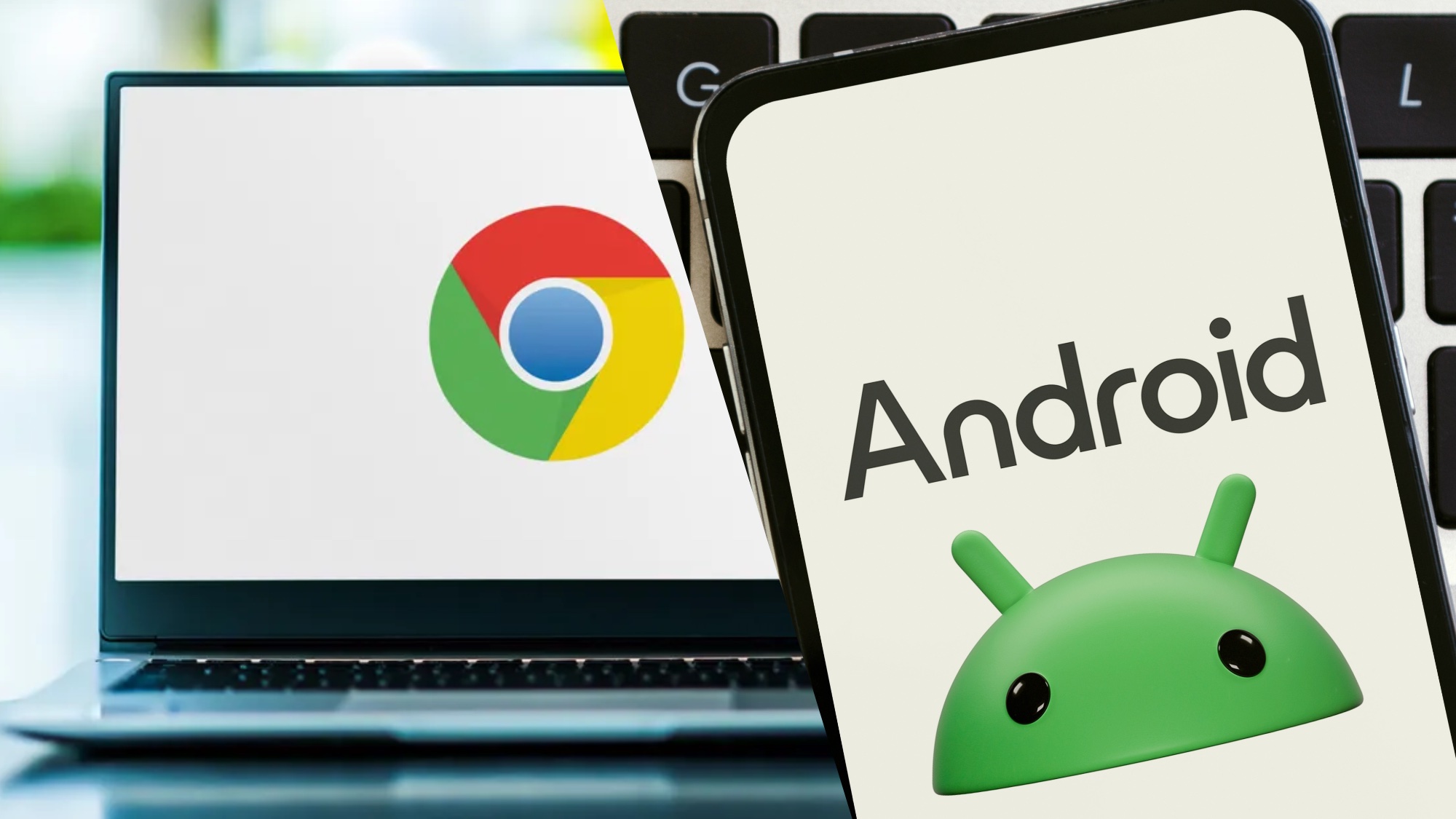 Chrome logo on laptop next to Andorid logo on phone