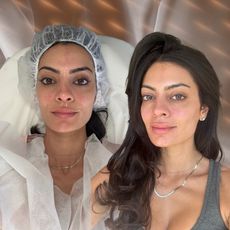 a white woman with dark hair in a duo of photos, one with a hair net and one in a gray tank top, on a glowy background