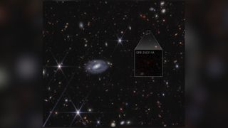 A deep space image showing various colored stars and galaxies, with a boxout showing a supernova with the label GRB 250314A, in white text