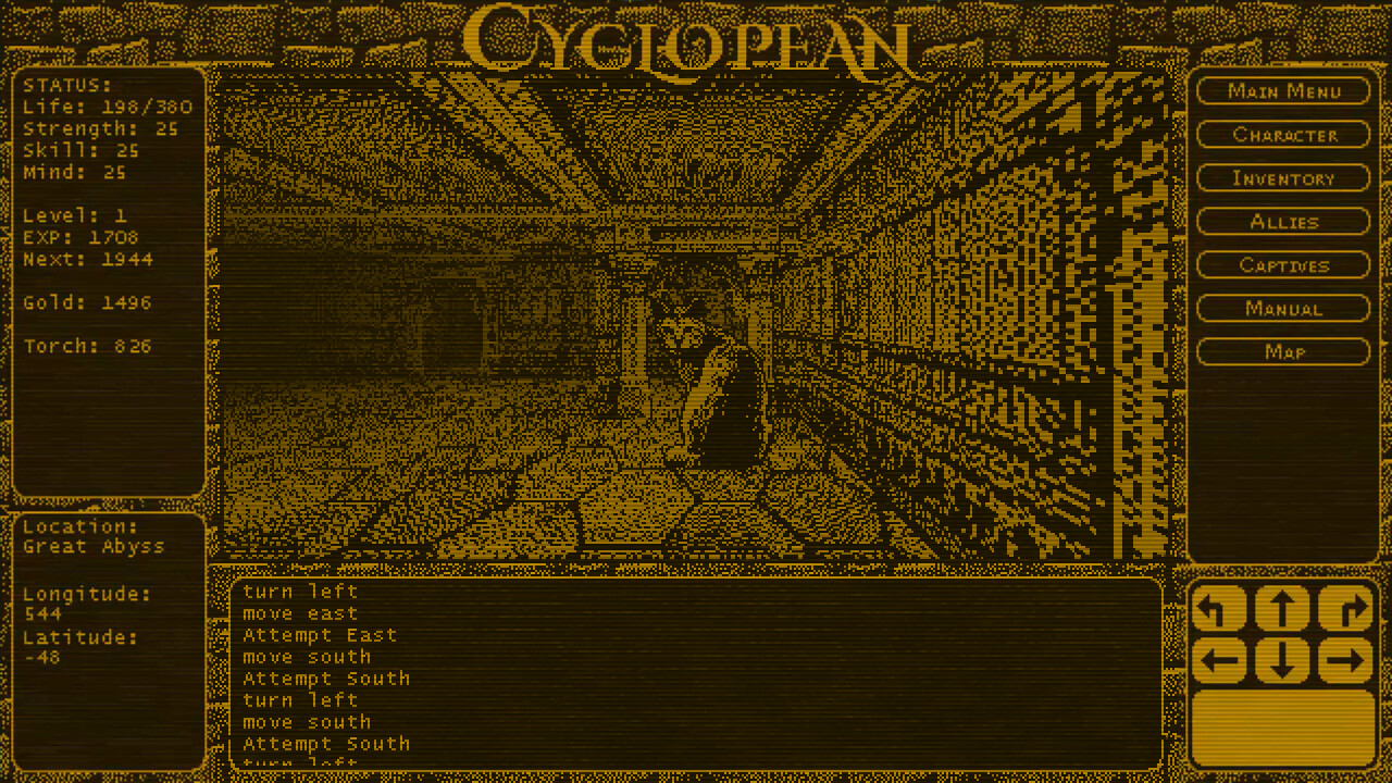 A talking cat in a dungeon in Cyclopean: The Great Abyss.