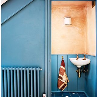 downstairs toilet with blue tiled floor, blue wall panelling, white corner sink