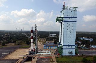 India's first interplanetary probe, Mars Orbiter Spacecraft onboard a PSLV-C25 launch vehicle (XL version) will launch on November 5, 2013, from Satish Dhawan Space Centre SHAR, Sriharikota. Here the rocket undergoes launch testing.