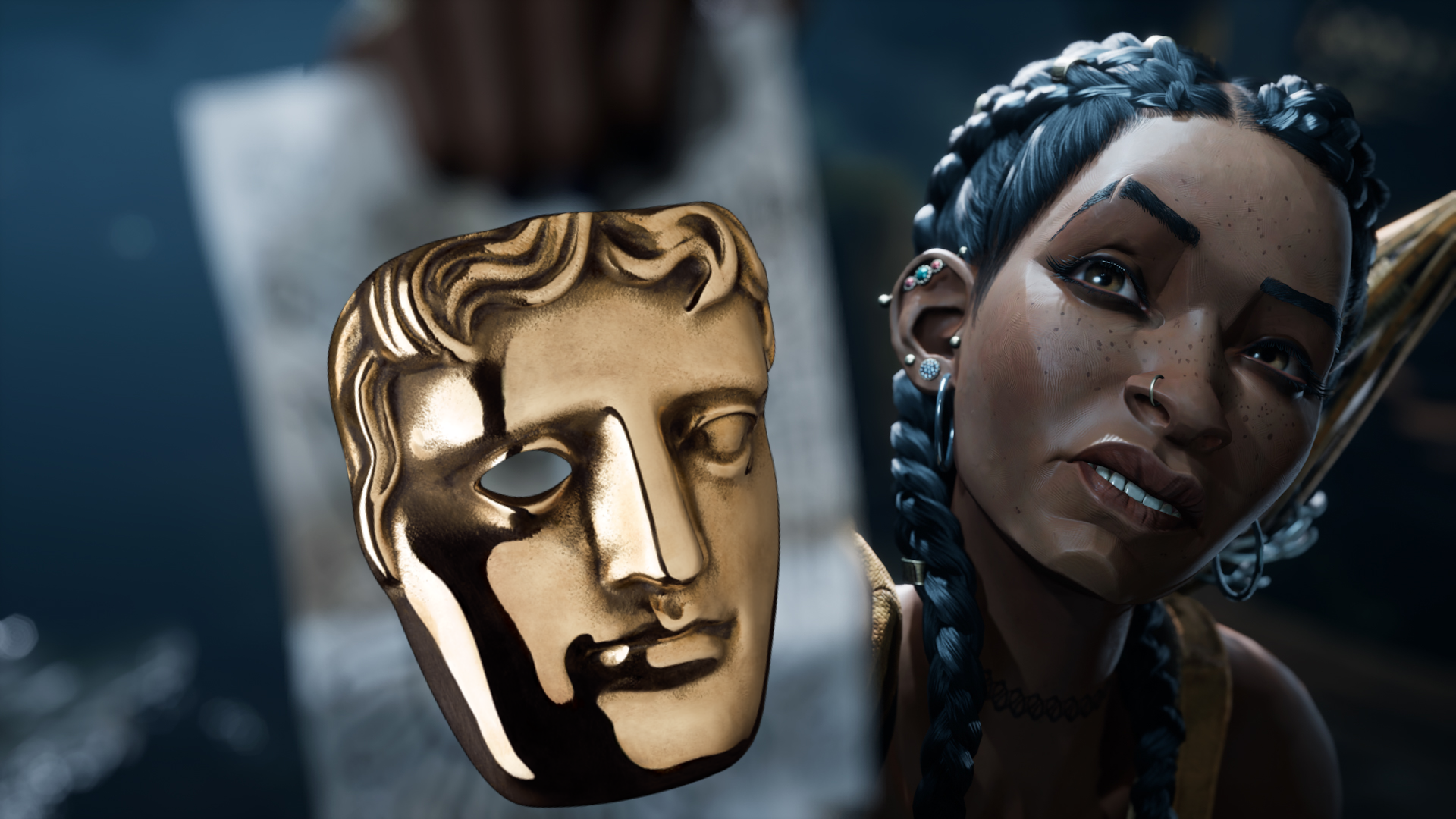 A character with braided hair and expressive eyes gazes intently, holding a gold mask resembling a BAFTA award. The scene conveys curiosity and focus.