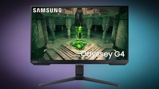 Samsung Odyssey G5 Monitor on colorful background.