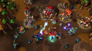 In-game screenshot of the Horde battling the Night Elves in Warcraft 3: Reforged