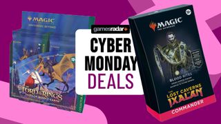 A Lord of the Rings Collector Booster Box and a Blood Rites Commander Deck alongside a 'Cyber Monday deals' badge