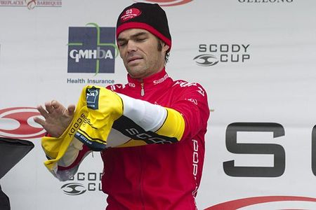 Albury's Rhys Pollock (Drapac Porsche) tries on the tour leader's yellow jersey in Geelong.
