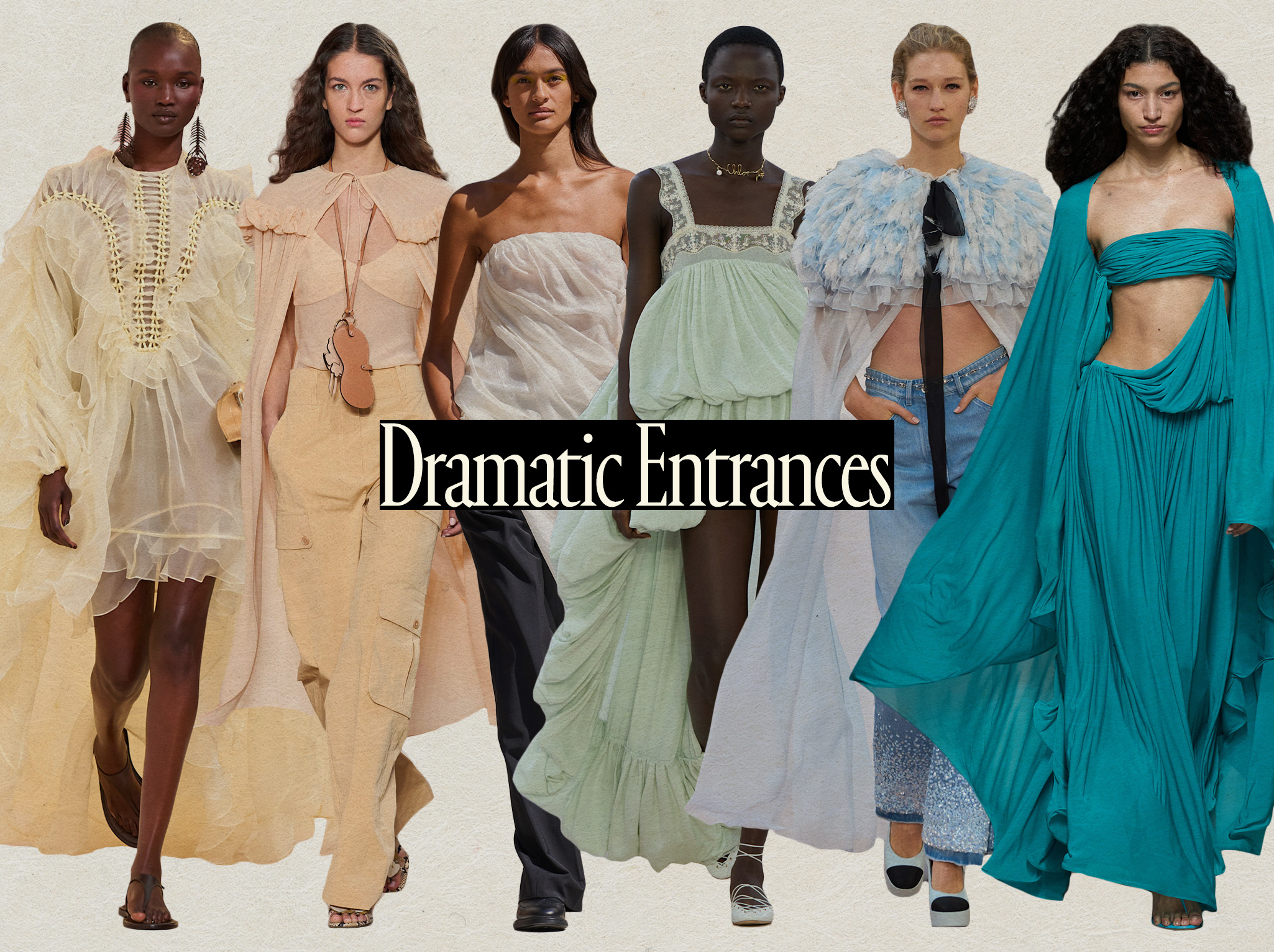 A collage of runway images showing trains and capes in the collections of Zimmermann, Ulla Johnson, The Garment, Chloé, Chanel, and Christopher Esber.