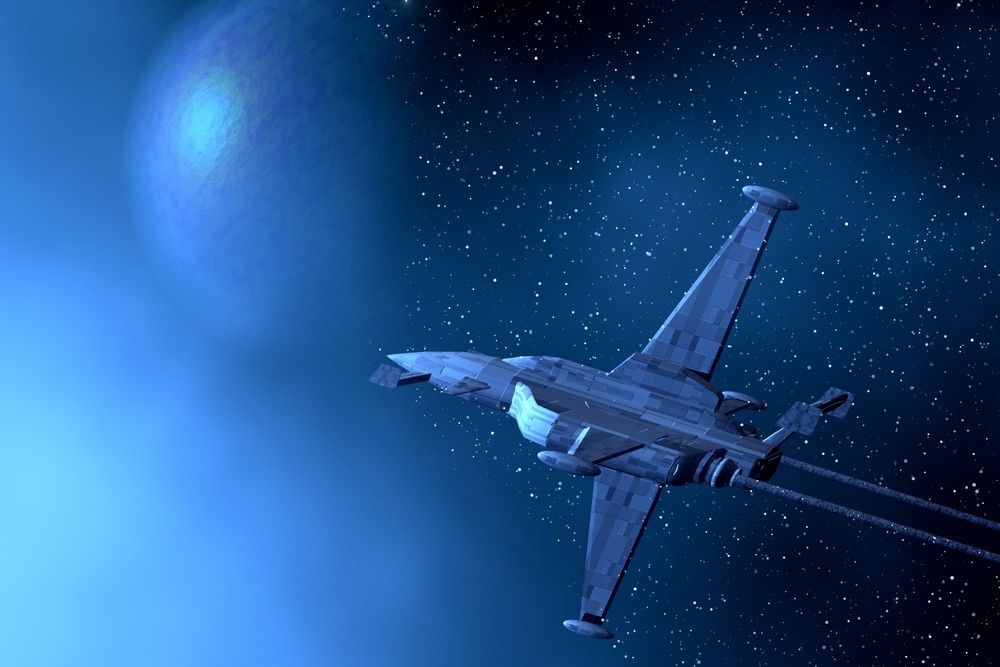 3D illustration of a space warplane and planet earth.