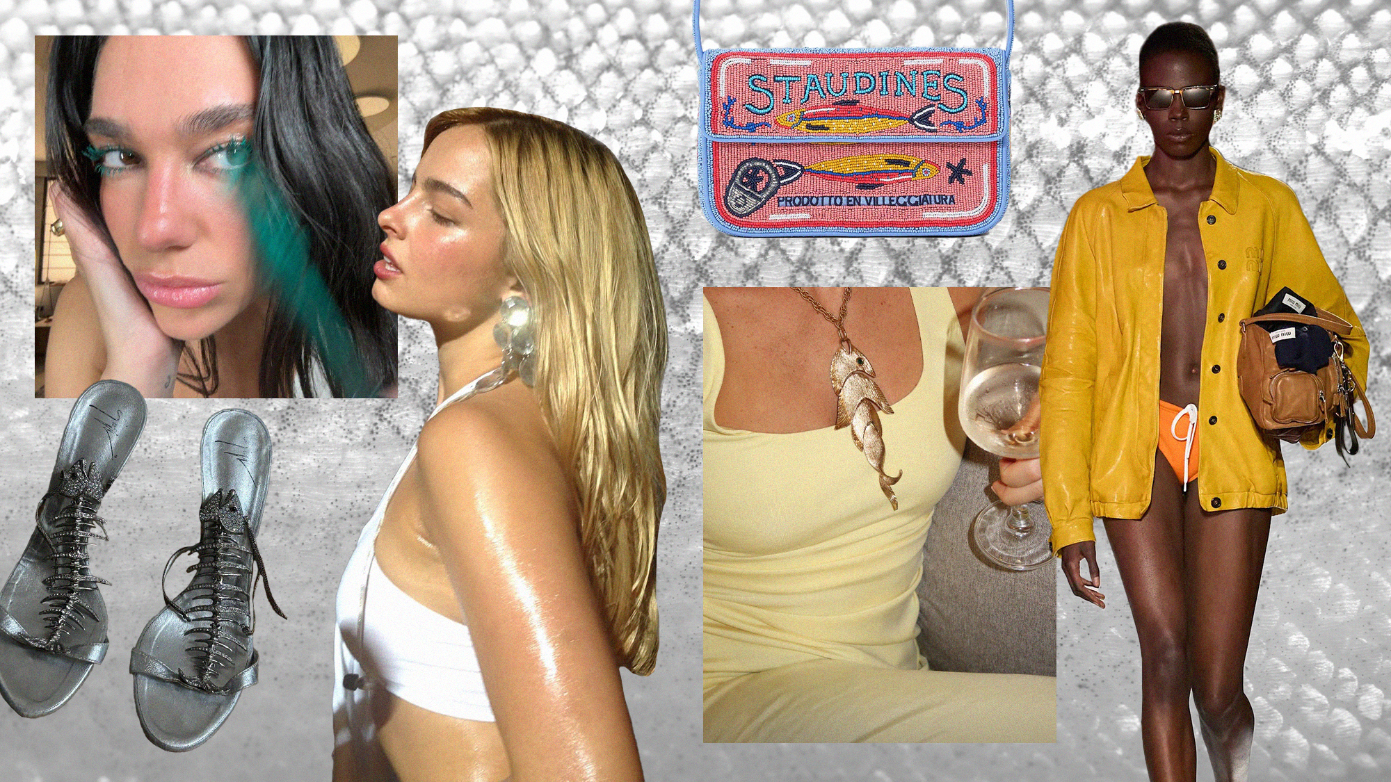 Collage of models walking the runway, images of Dua Lipa and Addison Rae, and accessories with fish motifs against a fish scale backdrop.