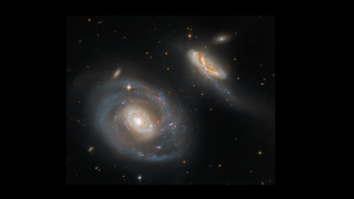 Arp 298 features two interacting galaxies, as shown in this Hubble Space Telescope image.