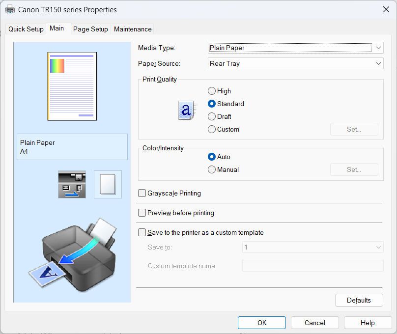 Canon Pixma TR150 Windows driver screenshots