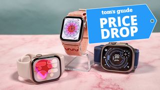 Apple Watch 11, Apple Watch SE 3 and Apple Watch Ultra 3 on a pink marbled table