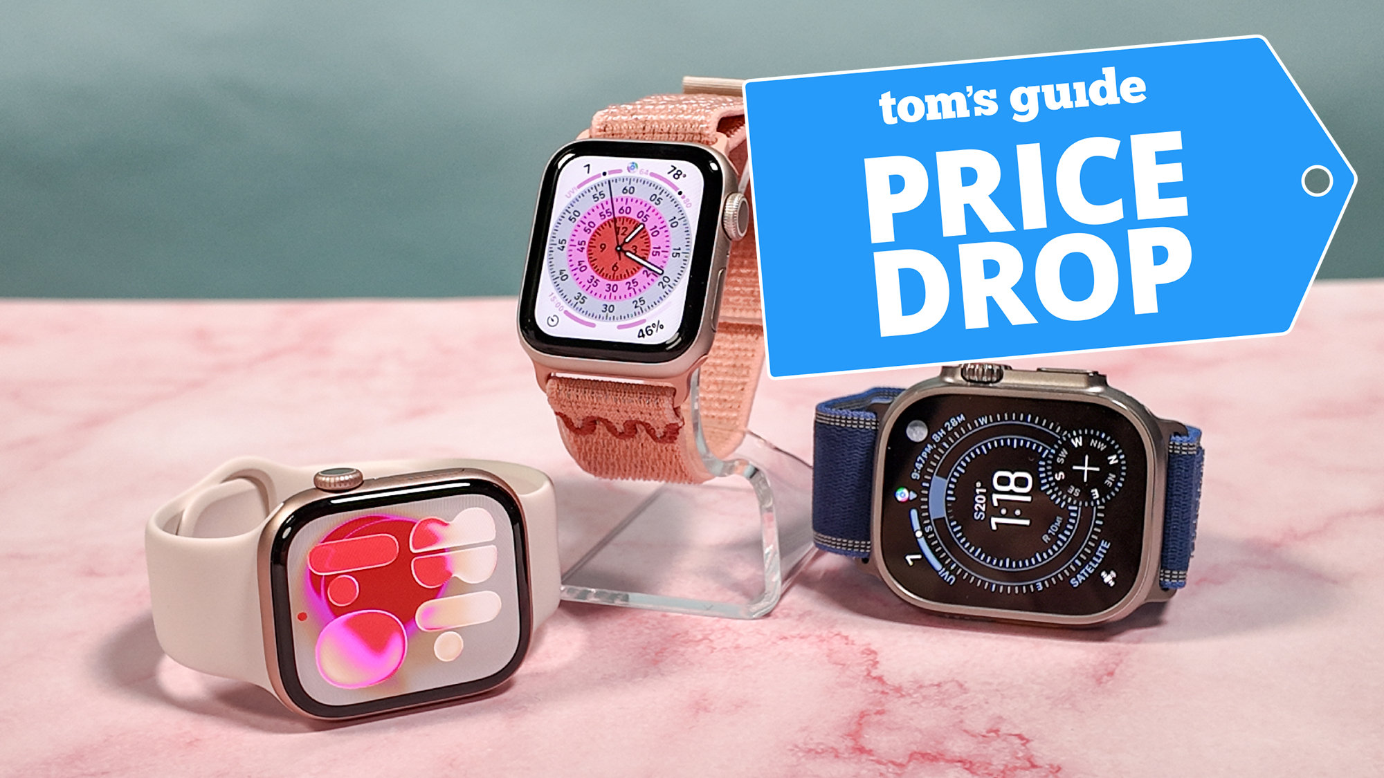 Apple Watch 11, Apple Watch SE 3 and Apple Watch Ultra 3 on a pink marbled table