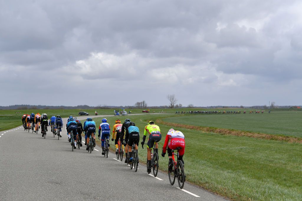 SCHOTEN BELGIUM APRIL 07 The Peloton during the 109th Scheldeprijs 2021 Mens Elite a 1942km race from Terneuzen to Schoten Landscape SP21 FlandersClassic on April 07 2021 in Schoten Belgium Photo by Luc ClaessenGetty Images