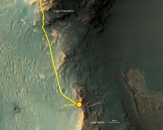 This graphic shows the route that NASA's Mars Exploration Rover Opportunity drove in its final approach to "Perseverance Valley" on the western rim of Endeavour Crater during spring 2017.