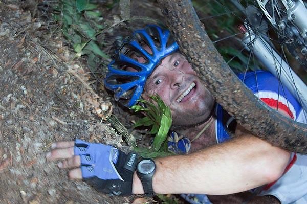 Phil Murfett ended up under his bike on a piece of technical downhill in Sterling Valley.
