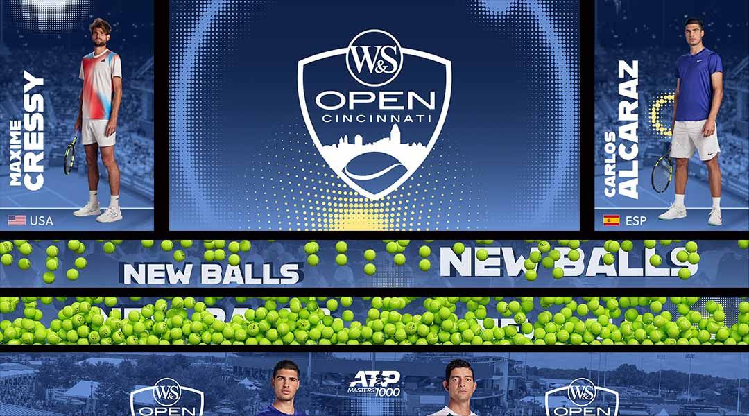 Digital content from Daktronics shows two players and tennis balls at the Western &amp; Southern Open,