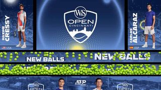 Digital content from Daktronics shows two players and tennis balls at the Western & Southern Open,