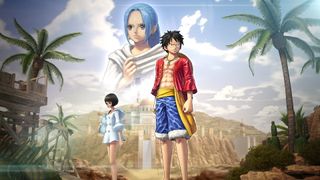 Luffy, Lim, and Vivi stand out on an image of the Kingdom of Alabasta