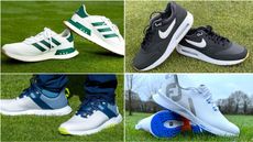 A range of different golf shoes in a grid style box