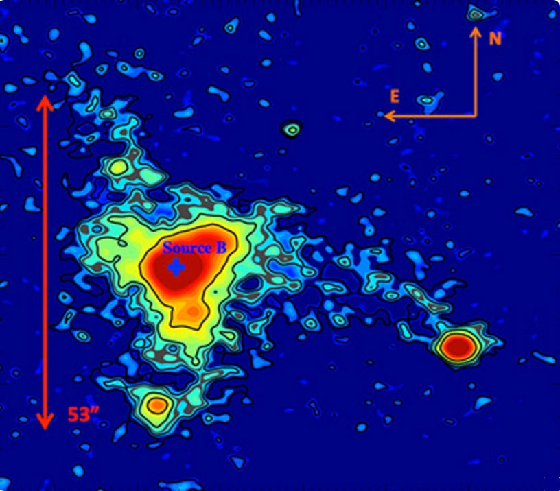 MAMMOTH-1, an enormous Lyman-alpha nebula (ELAN) found in a protocluster 10 billion light-years away. The colors and contours indicate surface brightness, and the red arrows show its estimated size.