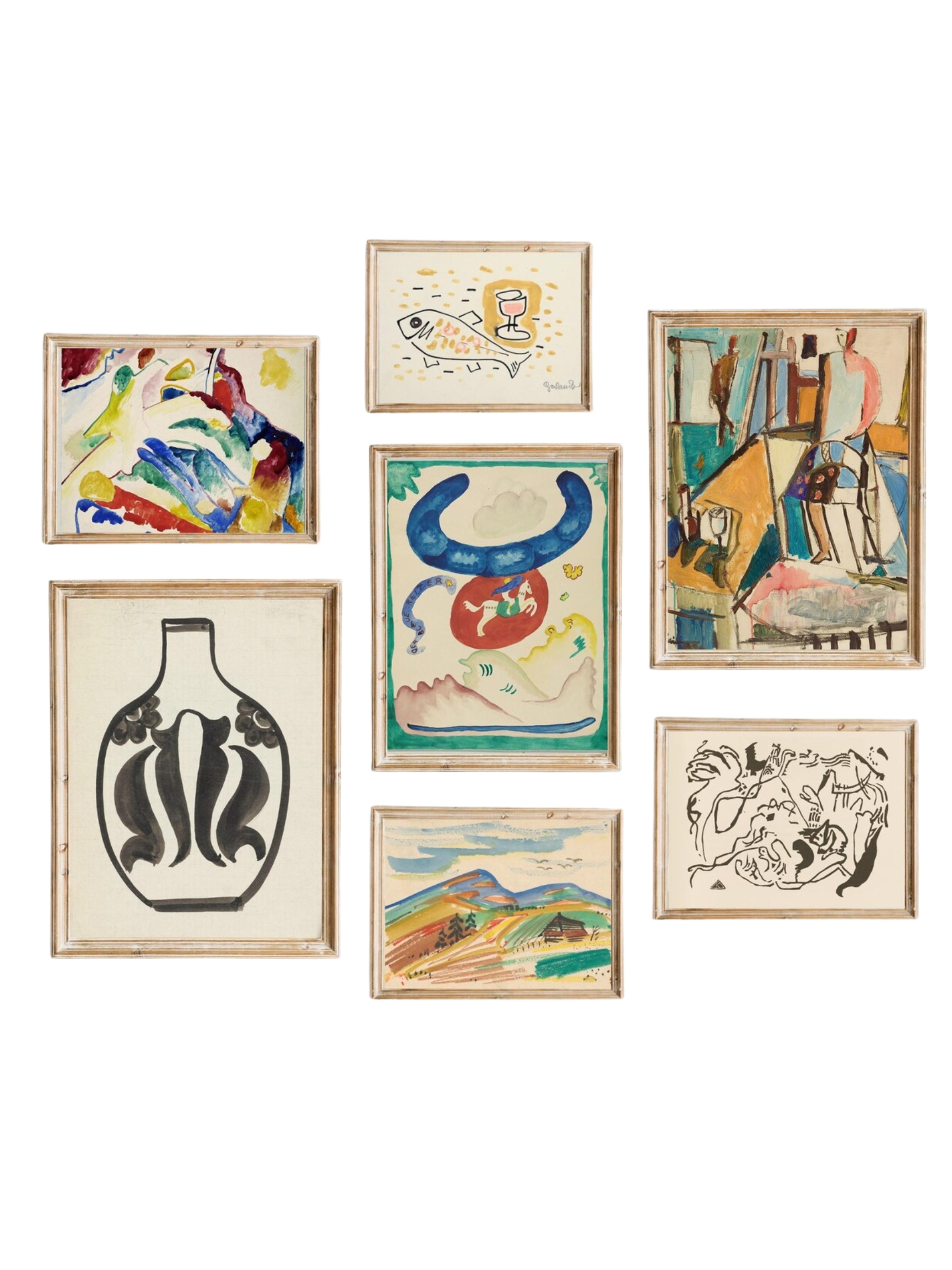 A series of handpainted and framed abstract paintings.