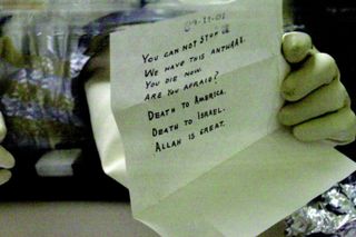 Still of a threatening letter sent to a victim in Netflix documentary The Anthrax Attacks