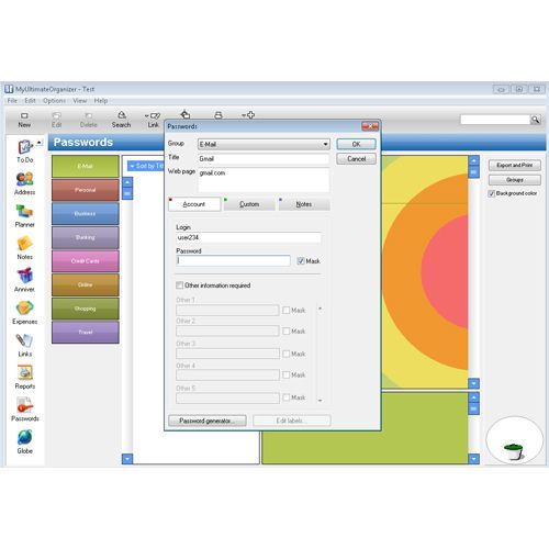 MyUltimateOrganizer stores usernames and passwords for online accounts.