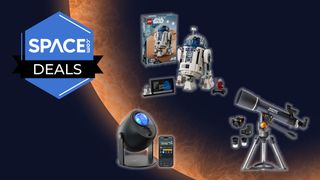 A telescope and a projector are pointed up at a Lego R2-D2 in front of an orange planet background with the space.com logo in the top left corner.