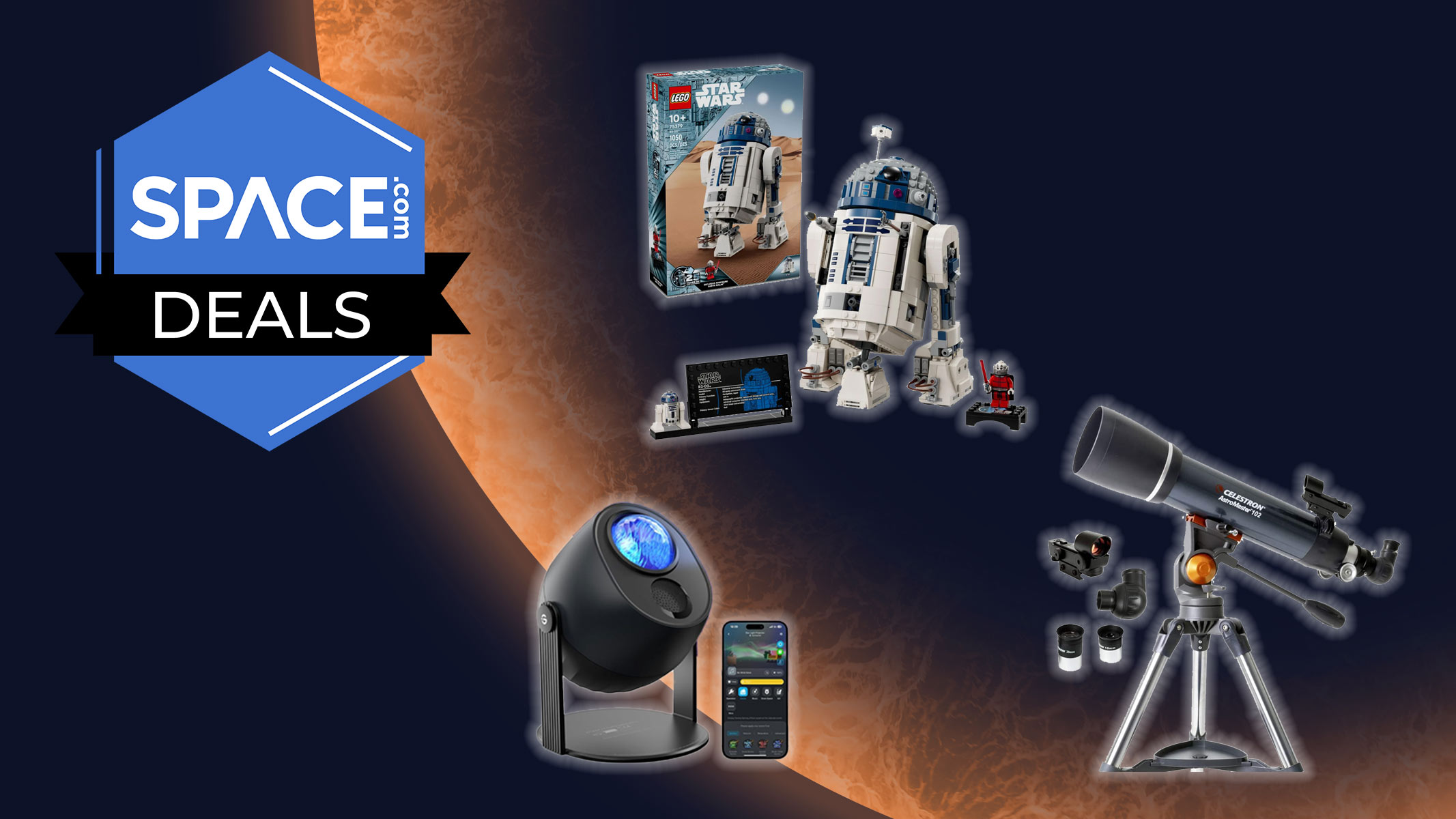 A telescope and a projector are pointed up at a Lego R2-D2 in front of an orange planet background with the space.com logo in the top left corner.