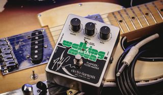 Andy Summers' new EHX signature Walking on the Moon flanger pedal lies atop a Telecaster