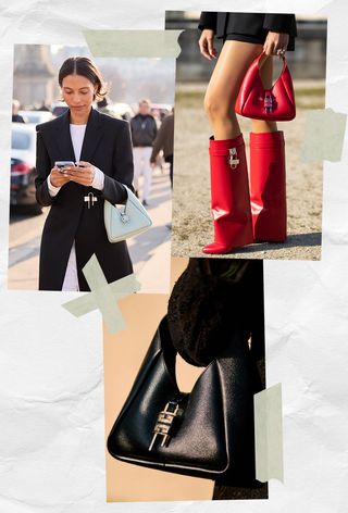 a collage of women wearing a Givenchy G-Hobo Bag