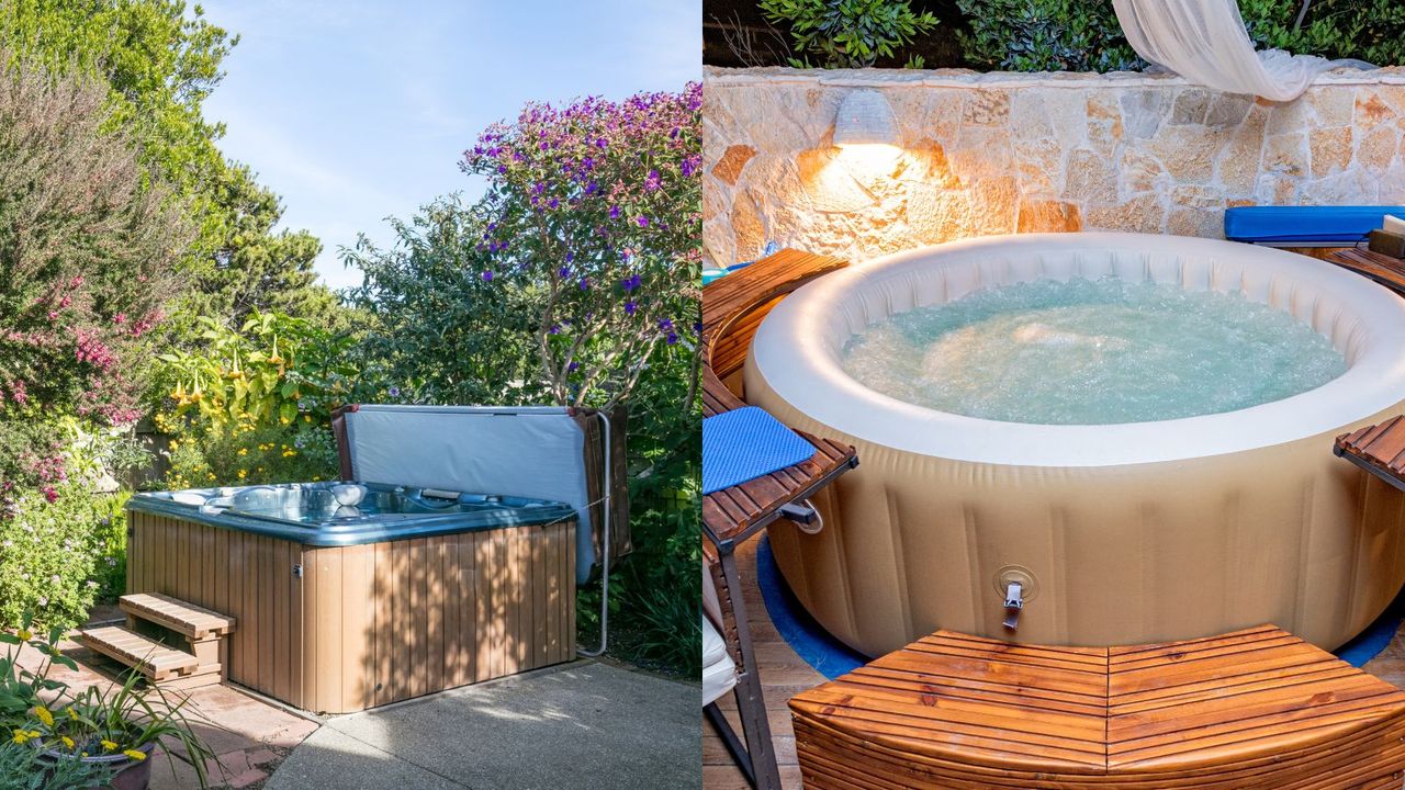 A two-panel image showing the difference between Plug-and-play vs inflatable hot tubs: a plug-and-play hot tub in a garden; an inflatable hot tub in a garden surrounded by decking