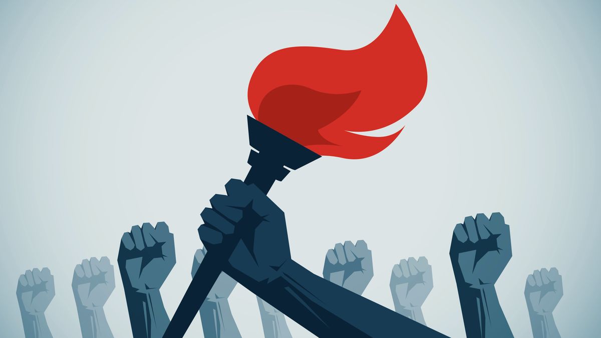 Graphic of somebody holding a flaming torch and other fists in the air