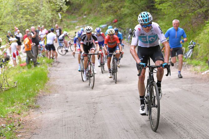 Chris Froome (Team Sky) makes what will turn out to be his race-winning move on the slopes of the Colle delle Finestre on stage 19 of the Giro