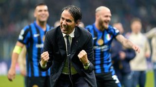 Simone Inzaghi celebrates after Inter's thrilling Champions League semi-final win over Barcelona in May 2025.