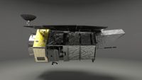 A visualization of the Roman Space Telescope facing horizontally onscreen.